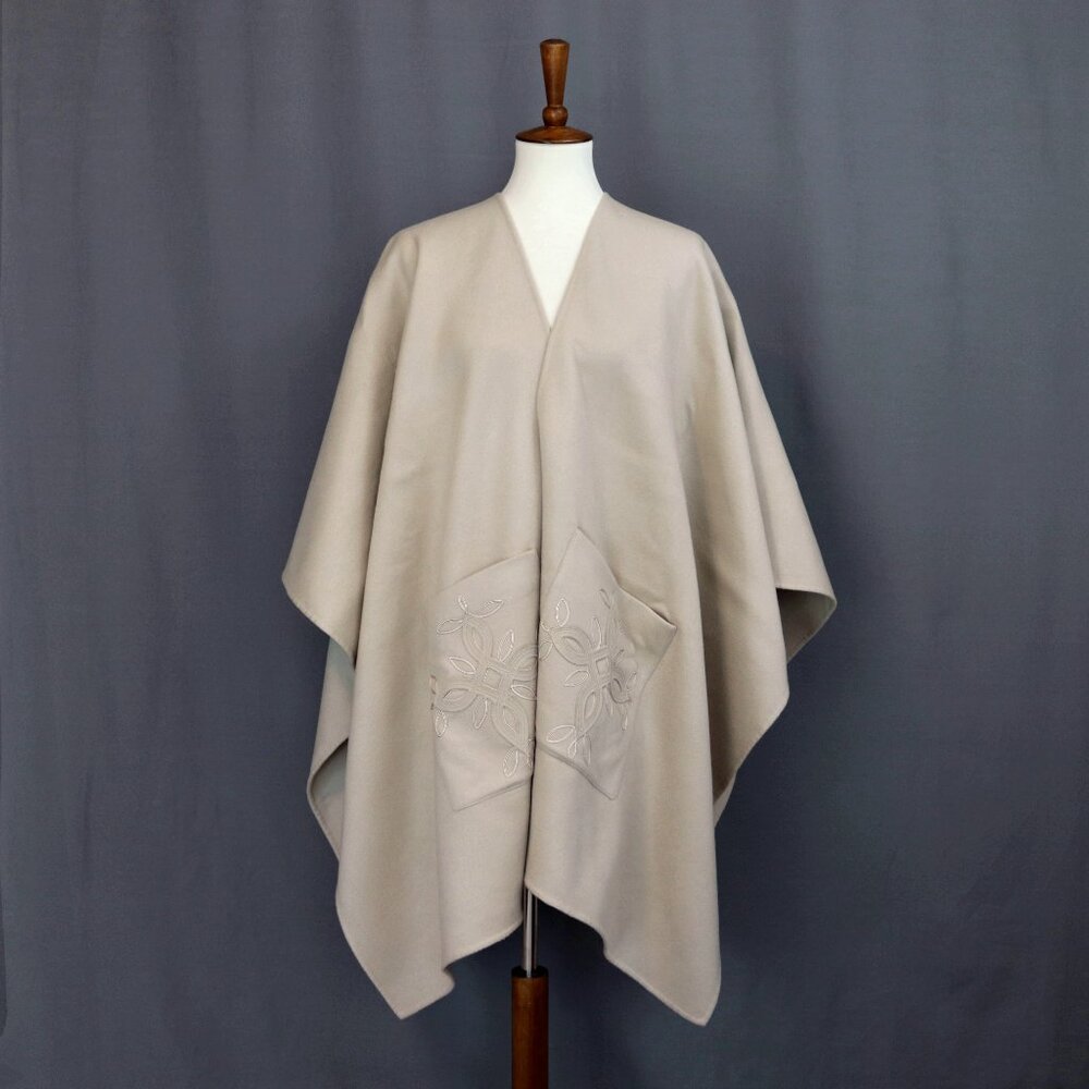 Loro Piana Cashmere Teodora Embroidered V-Collar Cloak Poncho Tan Cape